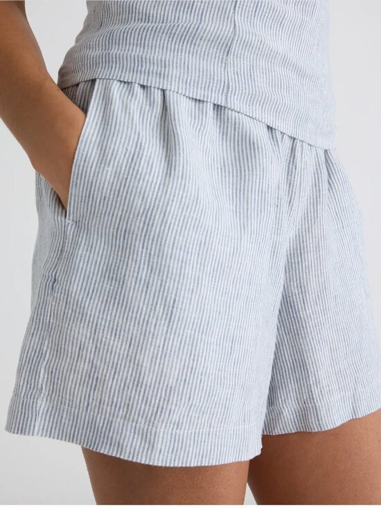 Quince Pants - Quince 100% European Linen High Waisted Shorts, Blue Pinstripe